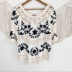Oliver By Escio Cream Black Floral Embroidered Boho Top
